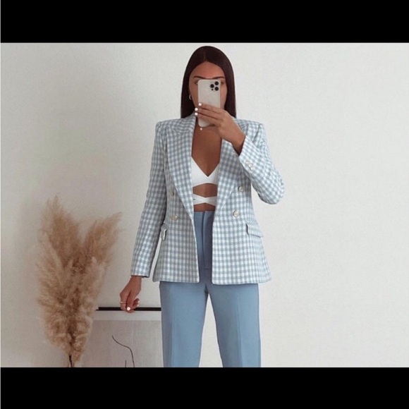 Zara Houndstooth Double-Breasted Blazer Jacket in Blue ASO Princess Kate Sz XL - Picture 14 of 16
